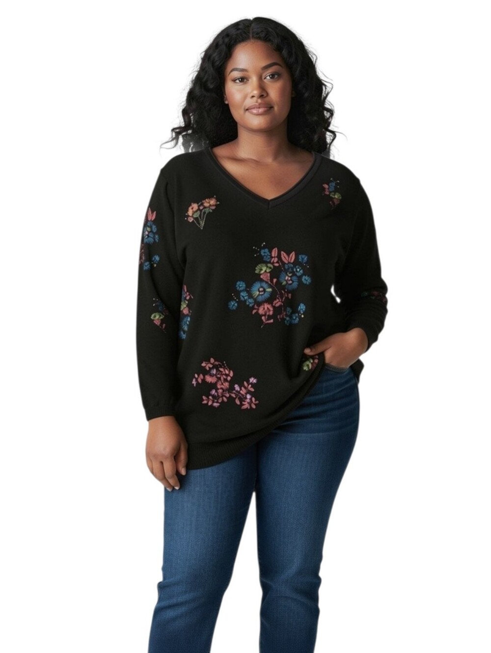 Soft Knit Black Floral V‑Neck Top 3/4 sleeves Lightweight Sweater 1X